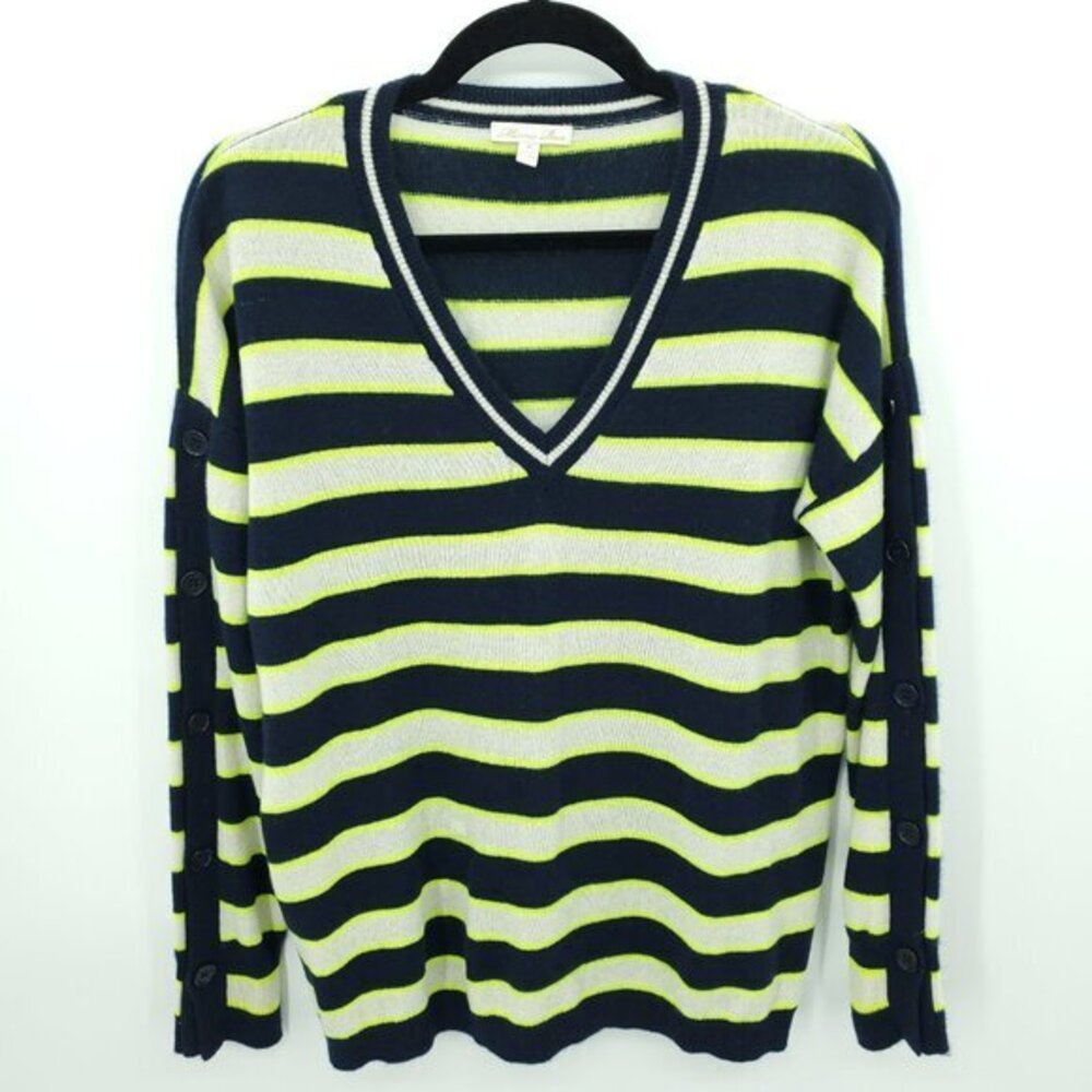 Minnie Rose 100% Cashmere Striped Relaxed Fit V-Neck Sweater M Blue/White/Yellow